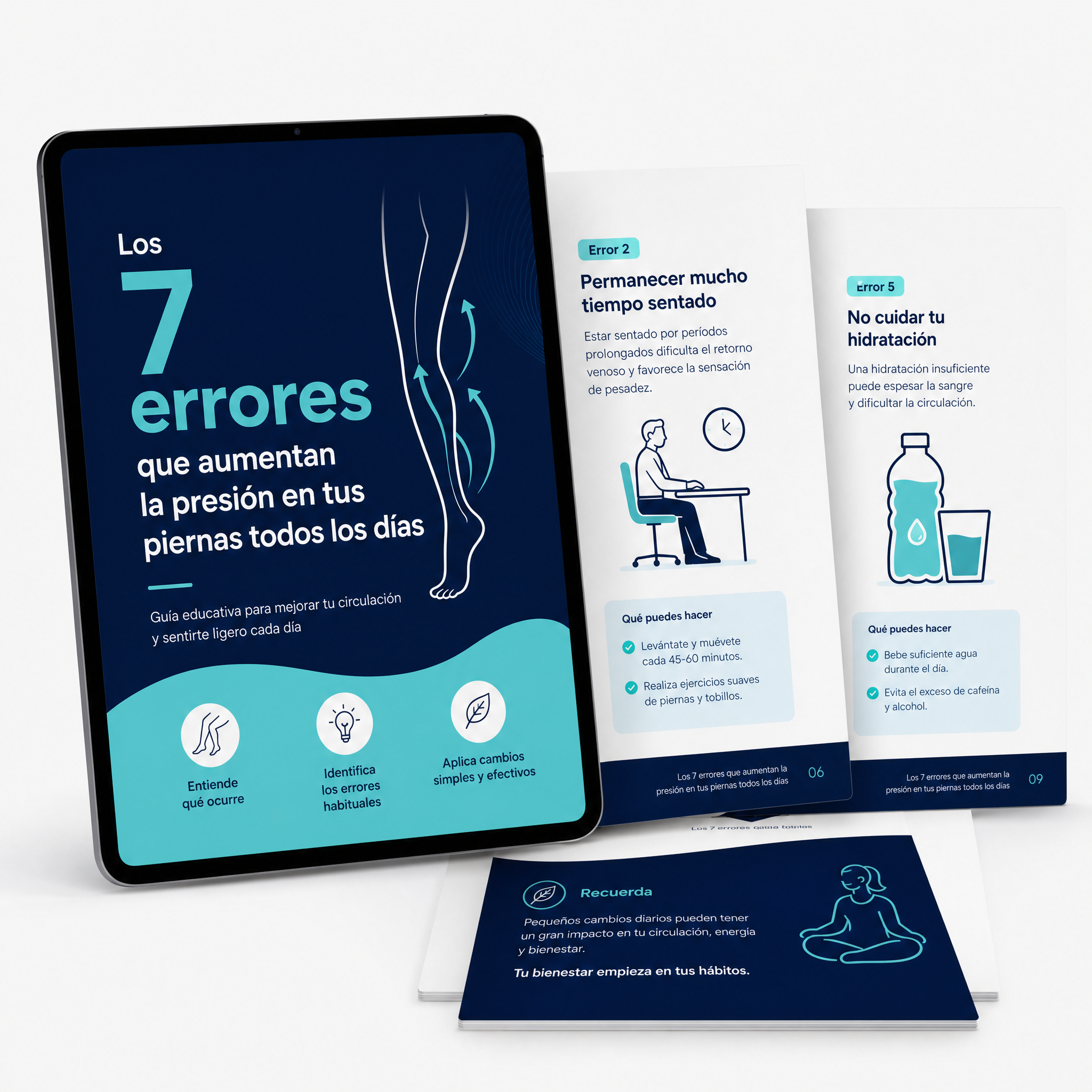 Mockup del PDF gratuito Los 7 errores que aumentan la presión en tus piernas todos los días